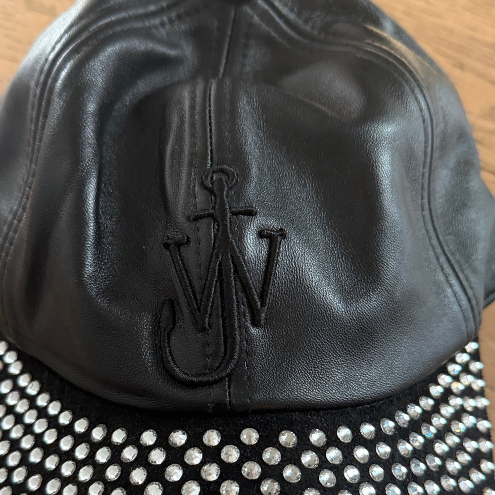 JW ANDERSON Black Leather Cap with Crystal Brim - Picture 4 of 5